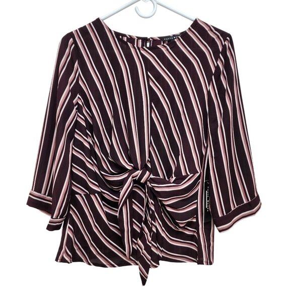 Haute Monde Womens Striped Burgundy Pink Tie Front Blouse Top 3/4 Sleeves Size M - Picture 1 of 10